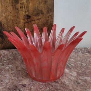 Vintage Swirl Red Art Glass Fluted Vase Candle Holder Bowl